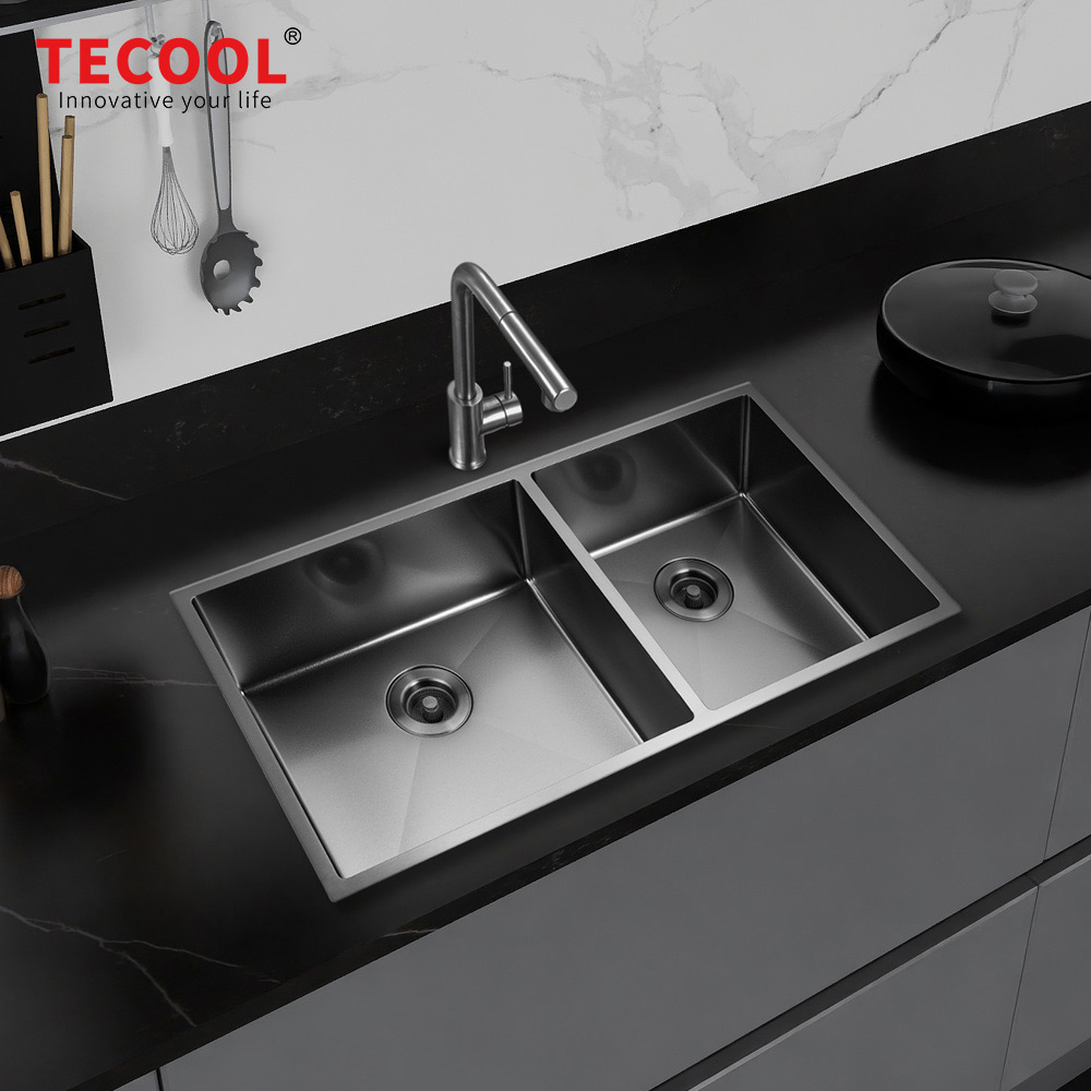 H-8947UD-MBK Handmade Black PVD Coated Undermount Double Bowl Kitchen Sink