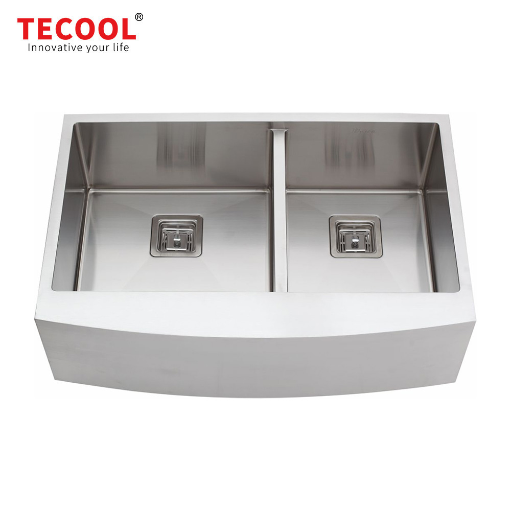 H-8451TDW Handmade Double Bowl Stainless Steel Apron Front Farmhouse Kitchen Sink