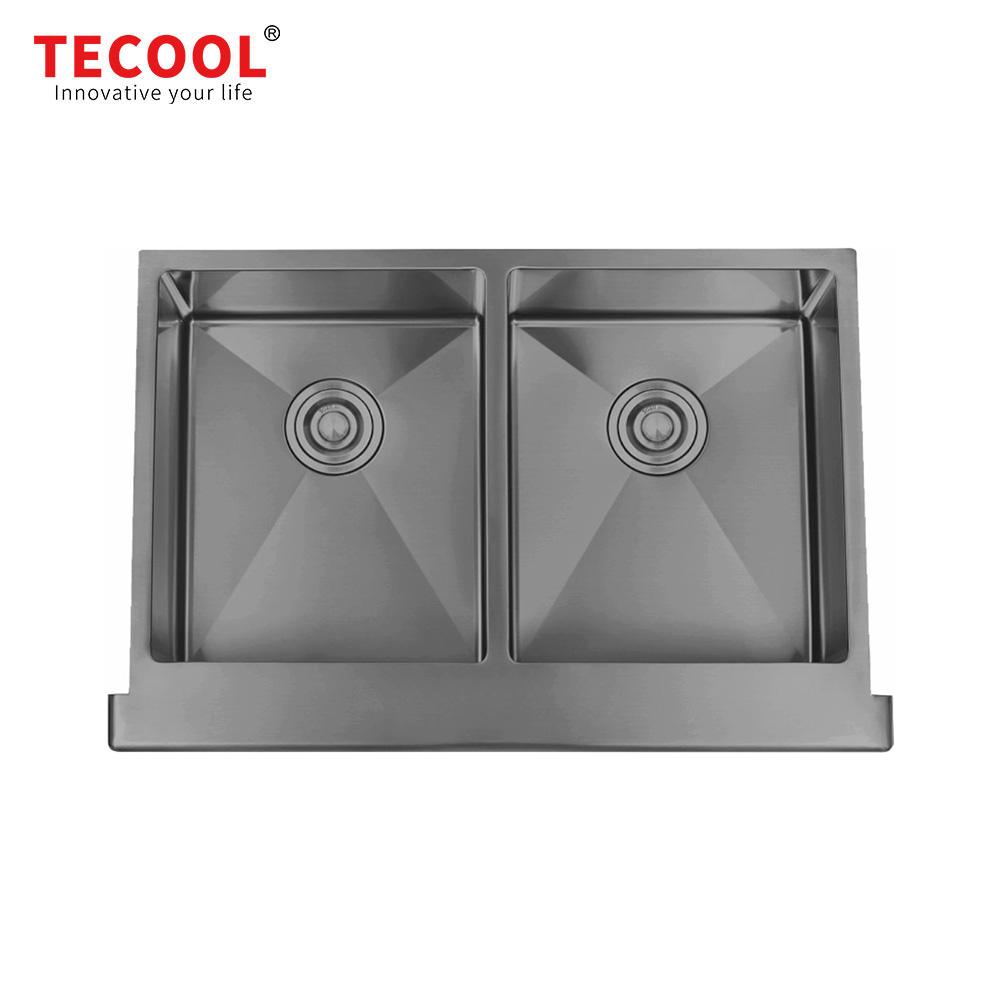 H-9151TDW2-BK Handmade Double Bowl Stainless Steel Apron Front Farmhouse Kitchen Sink